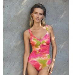 Maillot De Bain Une Pièce Plissé Avec Mousses Imprimé Rose Pink Aqua