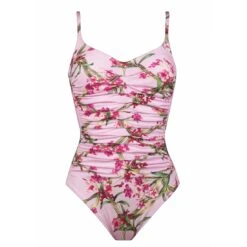 Maillot De Bain Une Pièce Avec Armatures Plissé Gainant Imprimé Rose Botanique