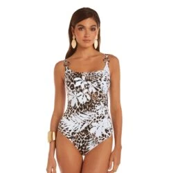 Maillot Une Pièce Avec Mousses Imprimé Panthère Marron Damask