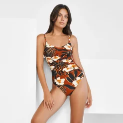 Maillot De Bain 1 Pièce Plissé Gainant Imprimé Marron Art Nautic