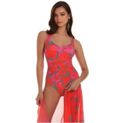 Maillot Une Pièce Avec Mousses Drapé Imprimé Rose Et Rouge Capri