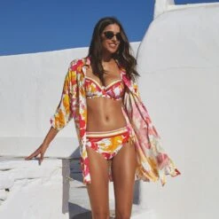 Maillot 2 Pièces Bonnets Profonds Imprimé Fond Blanc Envolée Tropicale