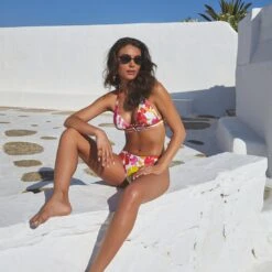 Maillot 2 Pièces Triangles Imprimé Fond Blanc Envolée Tropicale