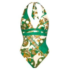 Maillot De Bain Tour De Cou Une Pièce Avec Mousses Imprimé Vert Et Ocre Perceptions
