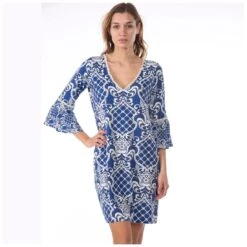 Robe Col V Haut De Gamme Imprimé Bleu Louxor