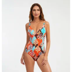 Maillot De Bain Une Pièce En V Imprimé Turquoise Et Orange Sheila -La-madrilena Ventas sheila 1p V face