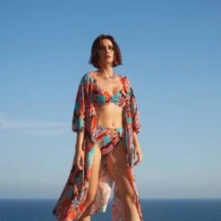 Maillot De Bain 2 Pièces Avec Armatures Imprimé Turquoise Et Orange Sheila