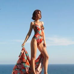 Maillot De Bain Une Pièce En V Imprimé Turquoise Et Orange Sheila